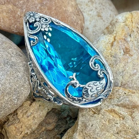 Bali Legacy Caribbean Quartz Peacock Ring 26.25ct Sterling Silver Size 9 NWT - Picture 9 of 17